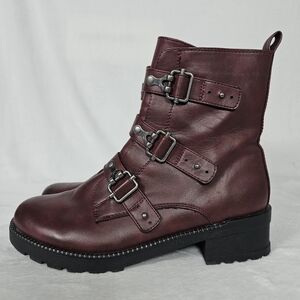 SO Cichlid Monique Womens Size 10 Combat Ankle Boots Burgundy Wine Buckle Chunky